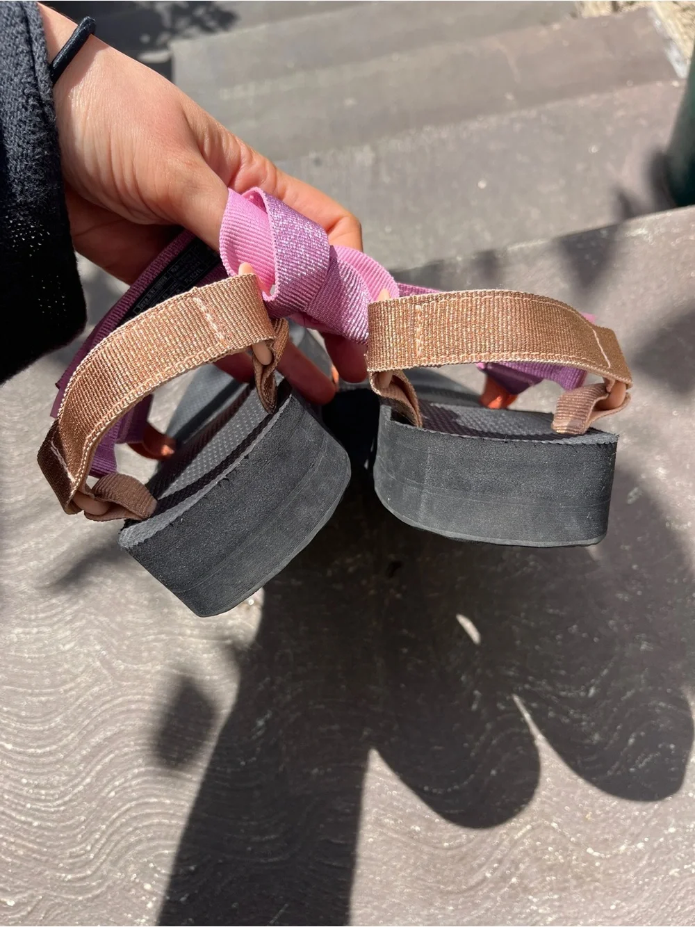 Teva Multicolor Sparkly Strap PlatformSandals in Pink, Orange and Tan